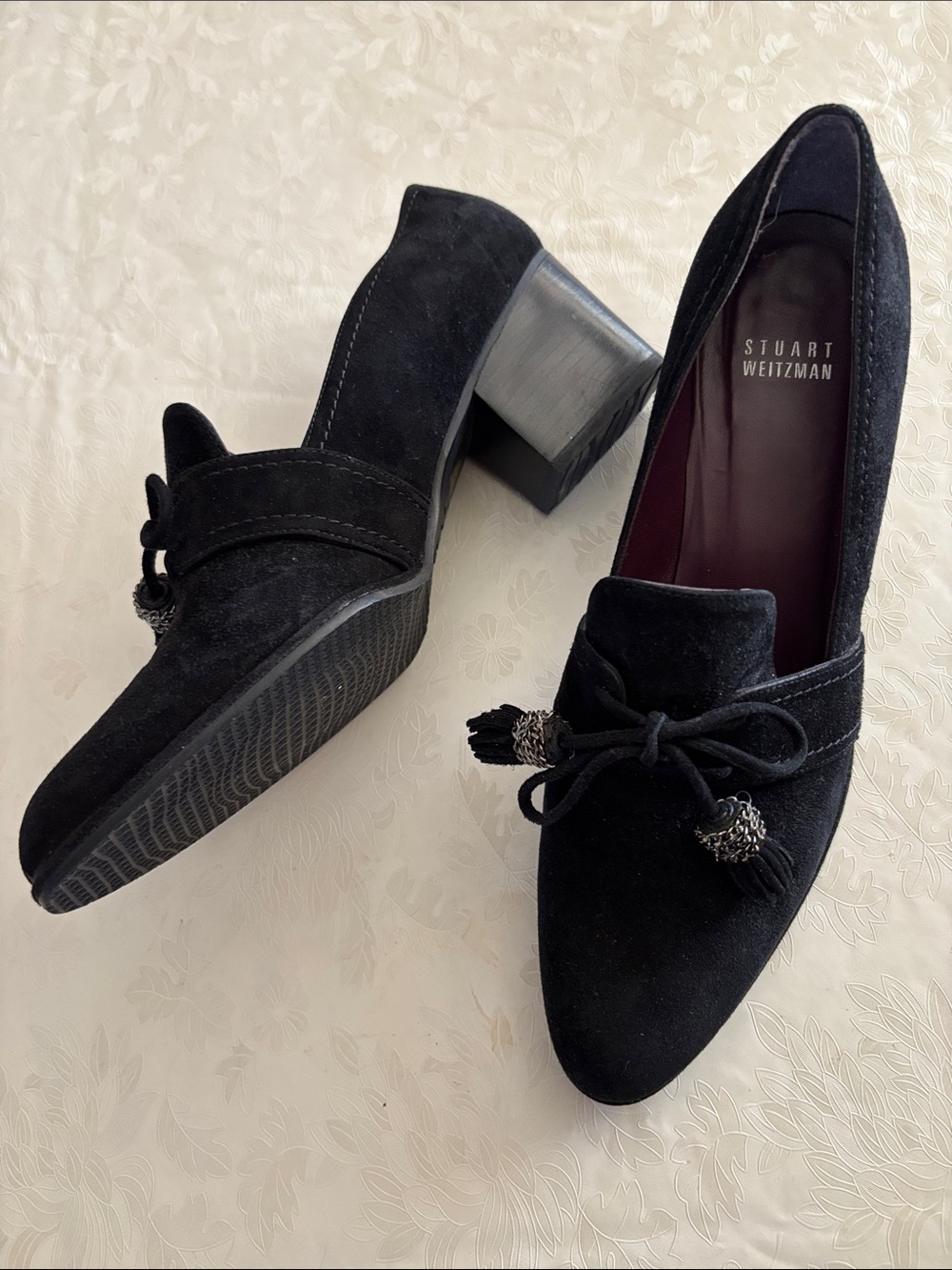 Stuart Weitzman black suede pumps with tassels. Size 8.5 M. Made in Spain.